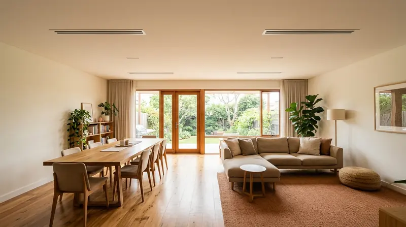 Open family room with two slim ducted air conditioning outlets in the ceiling above a timber dining table and a couch