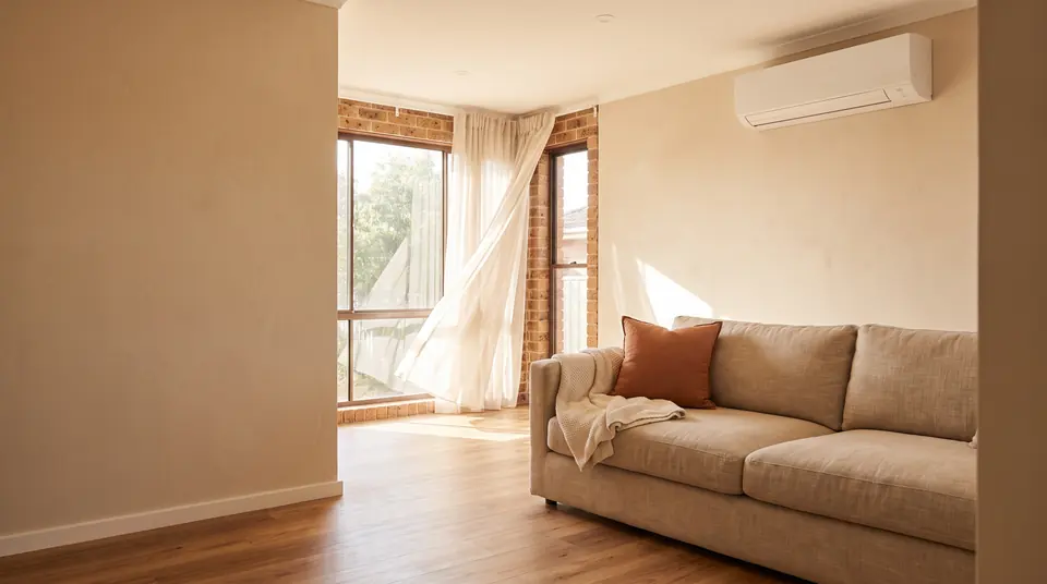 Sunlit living room in a Sydney brick home with a white wall-mounted split system, a sheer curtain lifting in the breeze and a linen sofa with a terracotta cushion