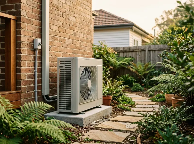 Clean outdoor air conditioning unit on a concrete pad beside a brick wall, with a stepping-stone path and ferns