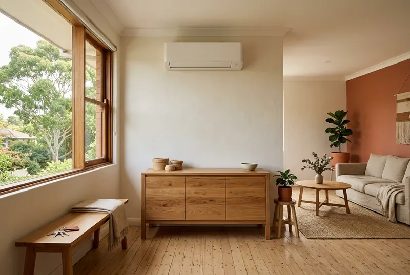 Tidy rental living room with a wall-mounted split system, a timber sideboard and a set of keys on the bench