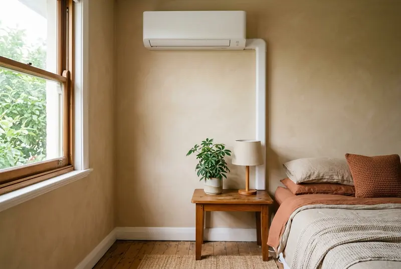 White wall-mounted split system above a bedside table with a lamp and a plant, in a sand-painted bedroom
